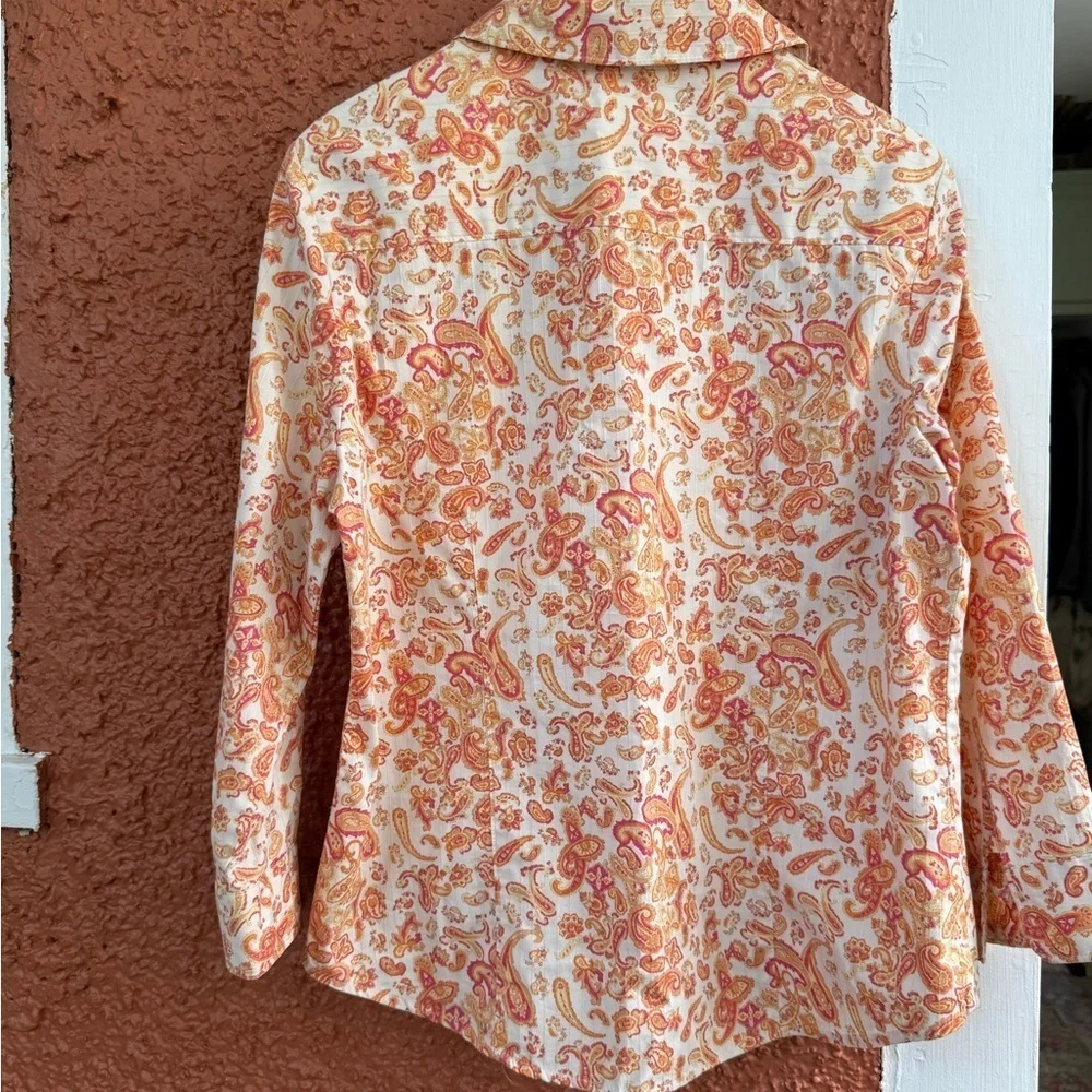 Women’s Orange and Pink Paisly Button Down Shirt Villager Liz Claiborne Size 12